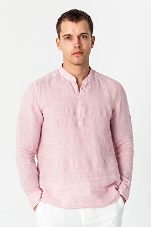 Comfort Fit Rahat Kesim 4 Düğmeli Hakim Yaka Yüzde Yuz Keten Kumaşdan Rahat Gömlek