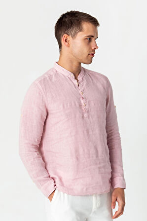 Comfort Fit Rahat Kesim 4 Düğmeli Hakim Yaka Yüzde Yuz Keten Kumaşdan Rahat Gömlek