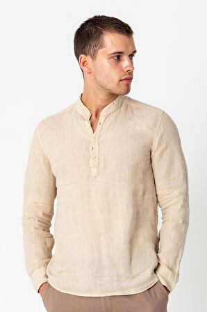 Comfort Fit Rahat Kesim 4 Düğmeli Hakim Yaka Yüzde Yuz Keten Kumaşdan Rahat Gömlek