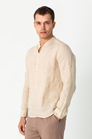 Comfort Fit Rahat Kesim 4 Düğmeli Hakim Yaka Yüzde Yuz Keten Kumaşdan Rahat Gömlek