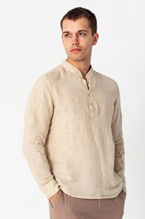 Comfort Fit Rahat Kesim 4 Düğmeli Hakim Yaka Yüzde Yuz Keten Kumaşdan Rahat Gömlek