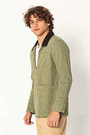 Erkek Kadife Yaka Detaylı %100 Pamuk Parça Boayalı Astarsız Mont