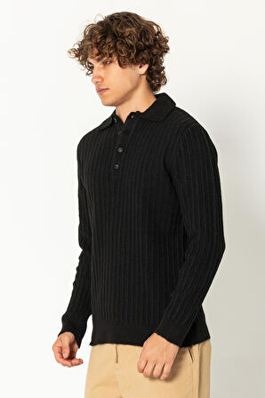 Erkek Şık Polo Yaka Kaşmir Dokulu Düğmeli Triko Kazak