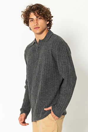 Erkek Şık Polo Yaka Kaşmir Dokulu Düğmeli Triko Kazak