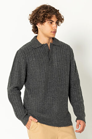 Erkek Şık Polo Yaka Kaşmir Dokulu Düğmeli Triko Kazak