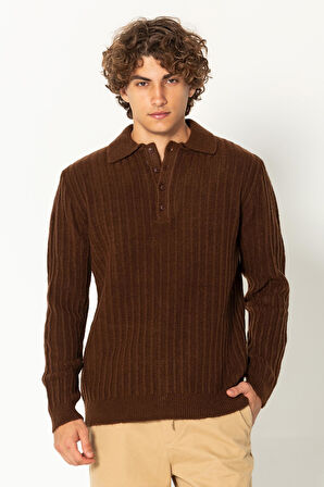 Erkek Şık Polo Yaka Kaşmir Dokulu Düğmeli Triko Kazak