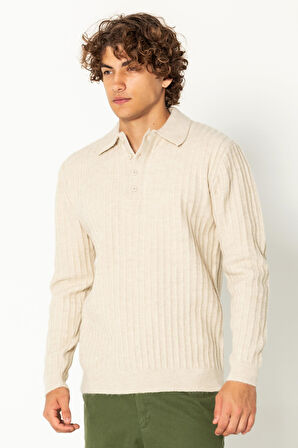 Erkek Şık Polo Yaka Kaşmir Dokulu Düğmeli Triko Kazak