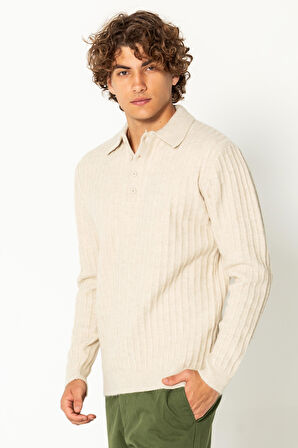 Erkek Şık Polo Yaka Kaşmir Dokulu Düğmeli Triko Kazak