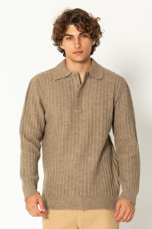 Erkek Şık Polo Yaka Kaşmir Dokulu Düğmeli Triko Kazak