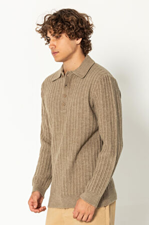 Erkek Şık Polo Yaka Kaşmir Dokulu Düğmeli Triko Kazak