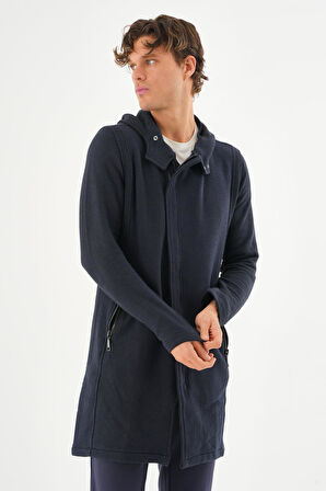 Erkek Kapüşonlu Fermuarlı Cepli Triko Uzun Salaş Spor Hırka