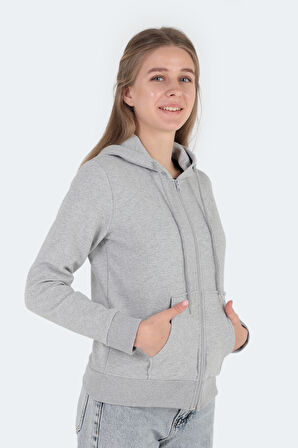 Slazenger PEMA I Kadın Fermuarlı Kapüşonlu Cepli Gri Sweatshirt