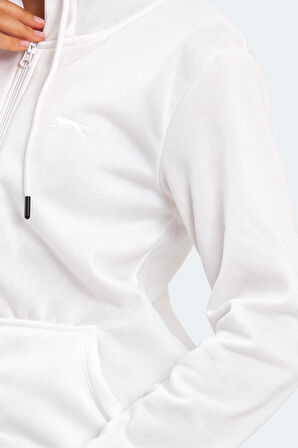Slazenger KATYA Kadın Fermuarlı Kapüşonlu Cepli Beyaz Sweatshirt