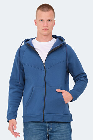 Slazenger KAZUE I Erkek Fermuarlı Kapüşonlu Cepli Indigo Sweatshirt
