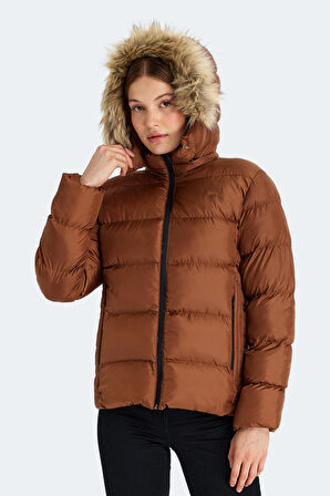 Slazenger GUEST Kadın Kapüşonlu Şişme Taba Mont & Kaban