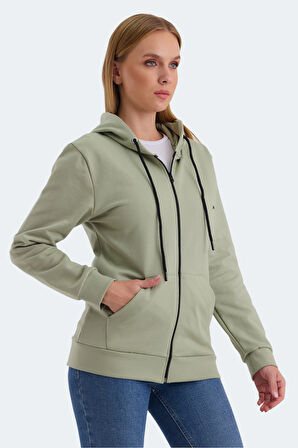 Slazenger KATYA Kadın Fermuarlı Kapüşonlu Cepli Yeşil Sweatshirt