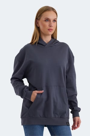 Slazenger VIOLENCE Kadın Kapüşonlu Cepli Oversıze Koyu Gri Sweatshirt
