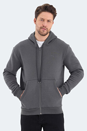 Slazenger VONDA Erkek Fermuarlı Kapüşonlu Cepli Koyu Gri Sweatshirt