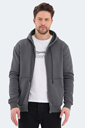 Slazenger VONDA Erkek Fermuarlı Kapüşonlu Cepli Koyu Gri Sweatshirt