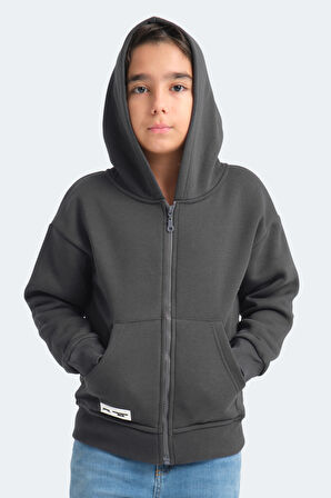 Slazenger LEKAN Çocuk Fermuarlı Kapüşonlu Cepli Koyu Gri Sweatshirt
