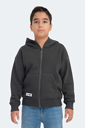 Slazenger LEKAN Çocuk Fermuarlı Kapüşonlu Cepli Koyu Gri Sweatshirt