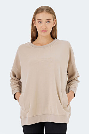 Slazenger VIKENTI SW Oversize Kadın Cepli Oversıze Bej Sweatshirt