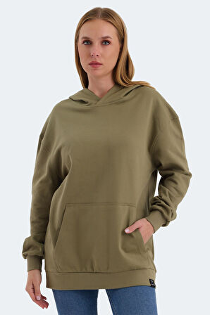 Slazenger VIOLENCE Kadın Kapüşonlu Cepli Oversıze Haki Sweatshirt