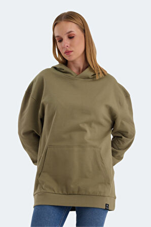 Slazenger VIOLENCE Kadın Kapüşonlu Cepli Oversıze Haki Sweatshirt