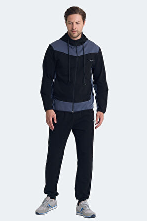 Slazenger KIMO Erkek Fermuarlı Kapüşonlu Cepli Siyah / Koyu Gri Eşofman Takımı