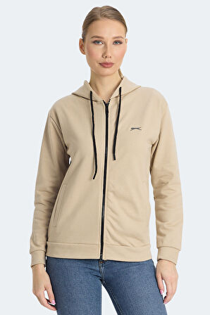 Slazenger KINET Kadın Fermuarlı Kapüşonlu Cepli Bej Sweatshirt