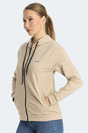 Slazenger KINET Kadın Fermuarlı Kapüşonlu Cepli Bej Sweatshirt