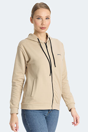 Slazenger KINET Kadın Fermuarlı Kapüşonlu Cepli Bej Sweatshirt