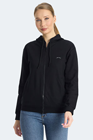 Slazenger KINET Kadın Fermuarlı Kapüşonlu Cepli Siyah Sweatshirt