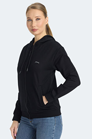 Slazenger KINET Kadın Fermuarlı Kapüşonlu Cepli Siyah Sweatshirt
