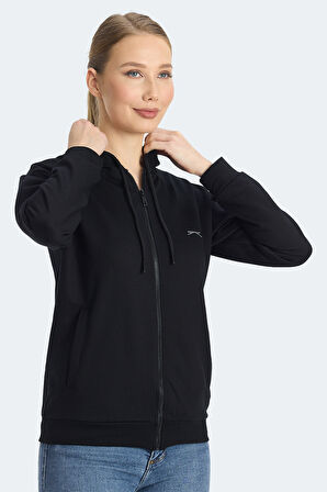 Slazenger KINET Kadın Fermuarlı Kapüşonlu Cepli Siyah Sweatshirt
