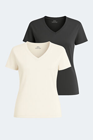 Slazenger PERICAS 2 li Set Kadın  Ekru - Koyu Gri Tişört