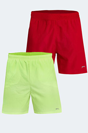 Slazenger RABI 2 li Set Erkek Cepli Deniz Şortu Kırmızı - Neon Yeşil Mayo