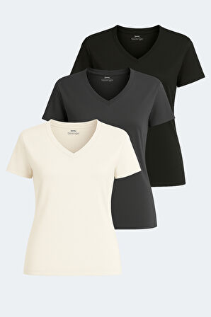 Slazenger PERICAS 3 lü Set Kadın  Ekru - Koyu Gri - Siyah Tişört