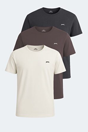 Slazenger KRATER 3 lü Set Erkek  Ekru - Koyu Gri - Kahve Tişört