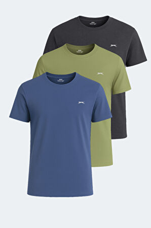 Slazenger KRATER 3 lü Set Erkek  Koyu Gri - Açık Yeşil - Indigo Tişört