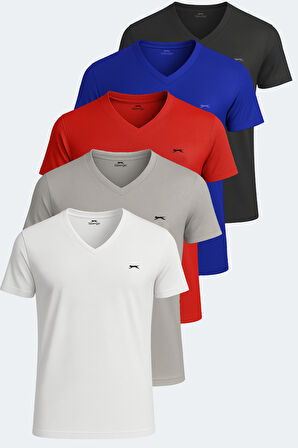 Slazenger KATRINA 5 li Set Erkek  Beyaz - Siyah - Gri - Saks Mavi - Kırmızı Tişört