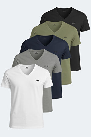 Slazenger SARGON 5 li Set Erkek  Beyaz - Siyah - Lacivert - Haki - Gri Tişört