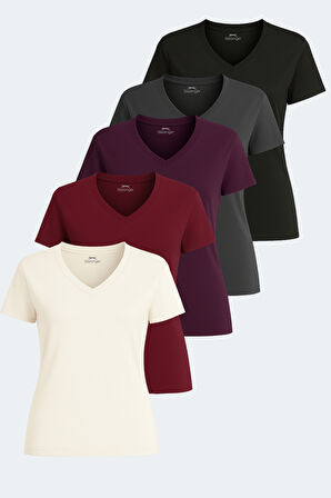 Slazenger PERICAS 5 li Set Kadın  Ekru - Koyu Gri - Siyah - Mürdüm - Bordo Tişört
