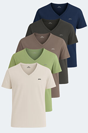 Slazenger KRAKKER 5 li Set Erkek  Koyu Gri - Açık Yeşil - Kahve - Bej - Lacivert Tişört