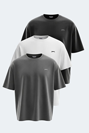 Slazenger KAISER 3 lü Set Erkek Oversıze Beyaz - Siyah - Antrasit Tişört