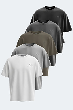 Slazenger KAISER 5 li Set Erkek Oversıze Beyaz - Siyah - Antrasit - Gri - Haki Tişört