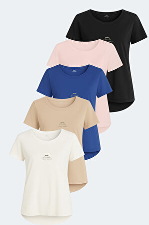 Slazenger VIRAJ 5 li Set Kadın  Ekru - Siyah - Bej - Fuşya - Saks Mavi Tişört