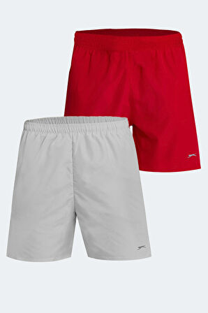 Slazenger RABI 2 li Set Erkek Cepli Deniz Şortu Gri - Kırmızı Mayo