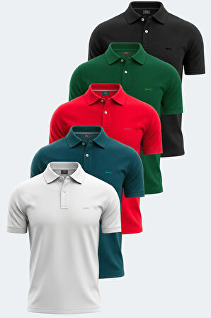 Slazenger VALE KTN 5 li Set Erkek  Beyaz - Siyah - Petrol - Yeşil - Kırmızı Tişört