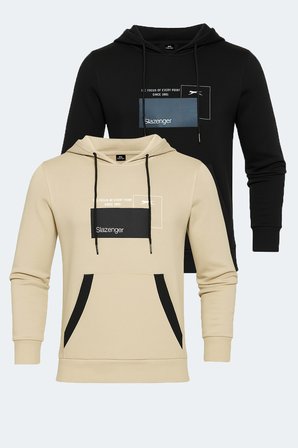Slazenger VANDA 2 li set Erkek Kanguru Cepli Kapüşonlu Siyah - Bej Sweatshırt